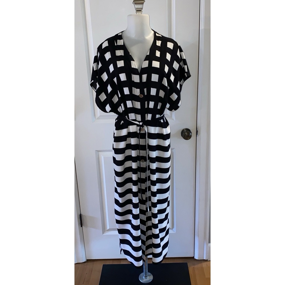Garnet Hill Size M Black White Print Modern Shirt Dress Obsidian Stripe Check